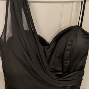 Xscape One Shoulder Black Dress with Embellishments